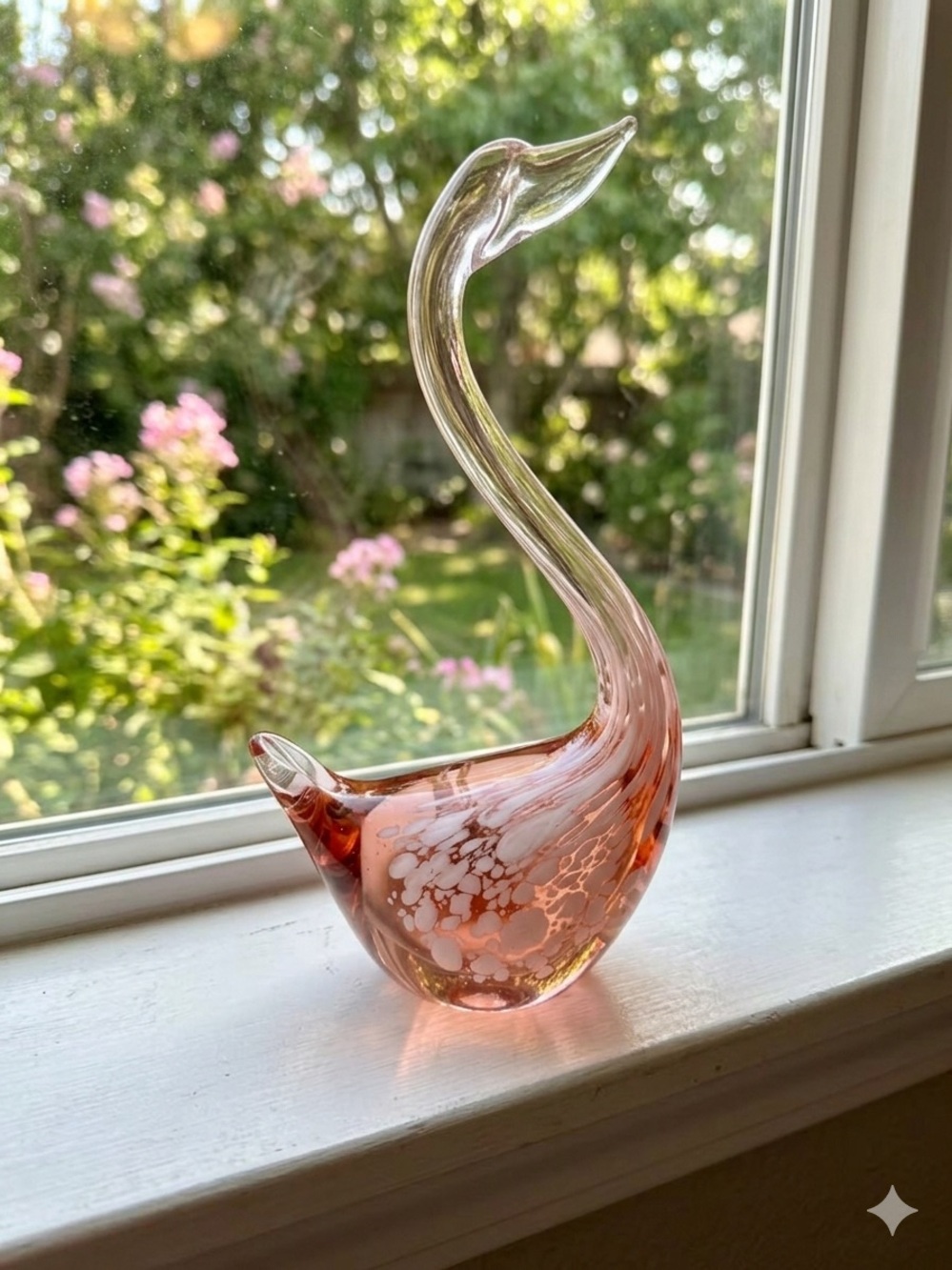 Vintage Murano Style Pink White Splatter Sommerso Art Glass Swan Figurine
